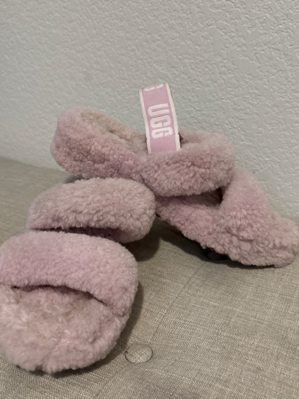 UGG Pink Plush Shearling Slide Sandals with Branded Heel Strap 8